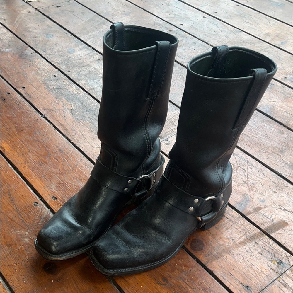 Frye Black Leather Harness Boots